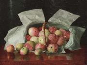 William J. McCloskey Lady Apples in Overturned Basket. Signed W.J. McCloskey oil painting artist
